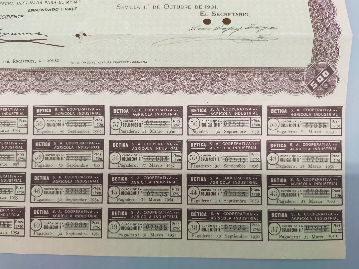 Historische Bética Obligación  500 Pesetas Sociedad Anónima (1931)