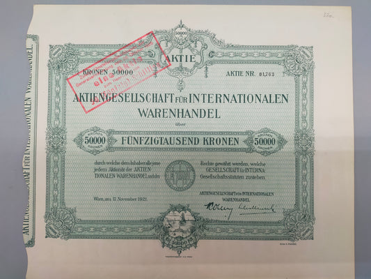 Historische Aktie 1921 Aktiengesellschaft für Internationalen Warenhandel