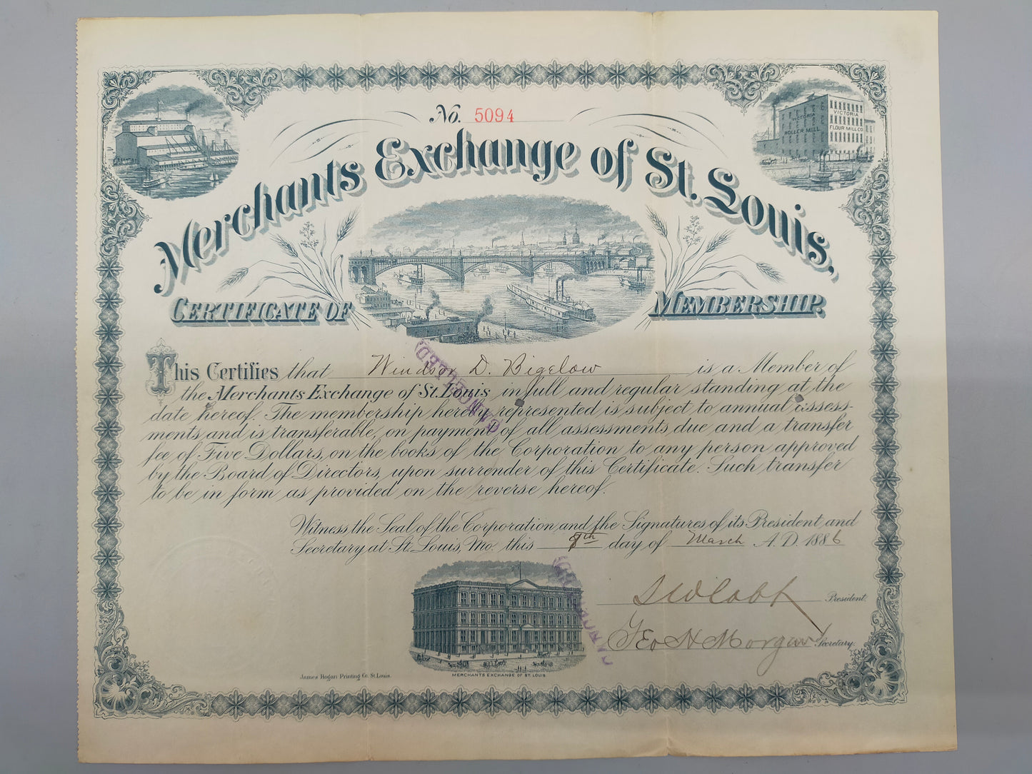 Historische Merchants Exchange of St. Louis Mitgliedsurkunde von 1886