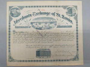Historische Merchants Exchange of St. Louis Mitgliedsurkunde von 1886