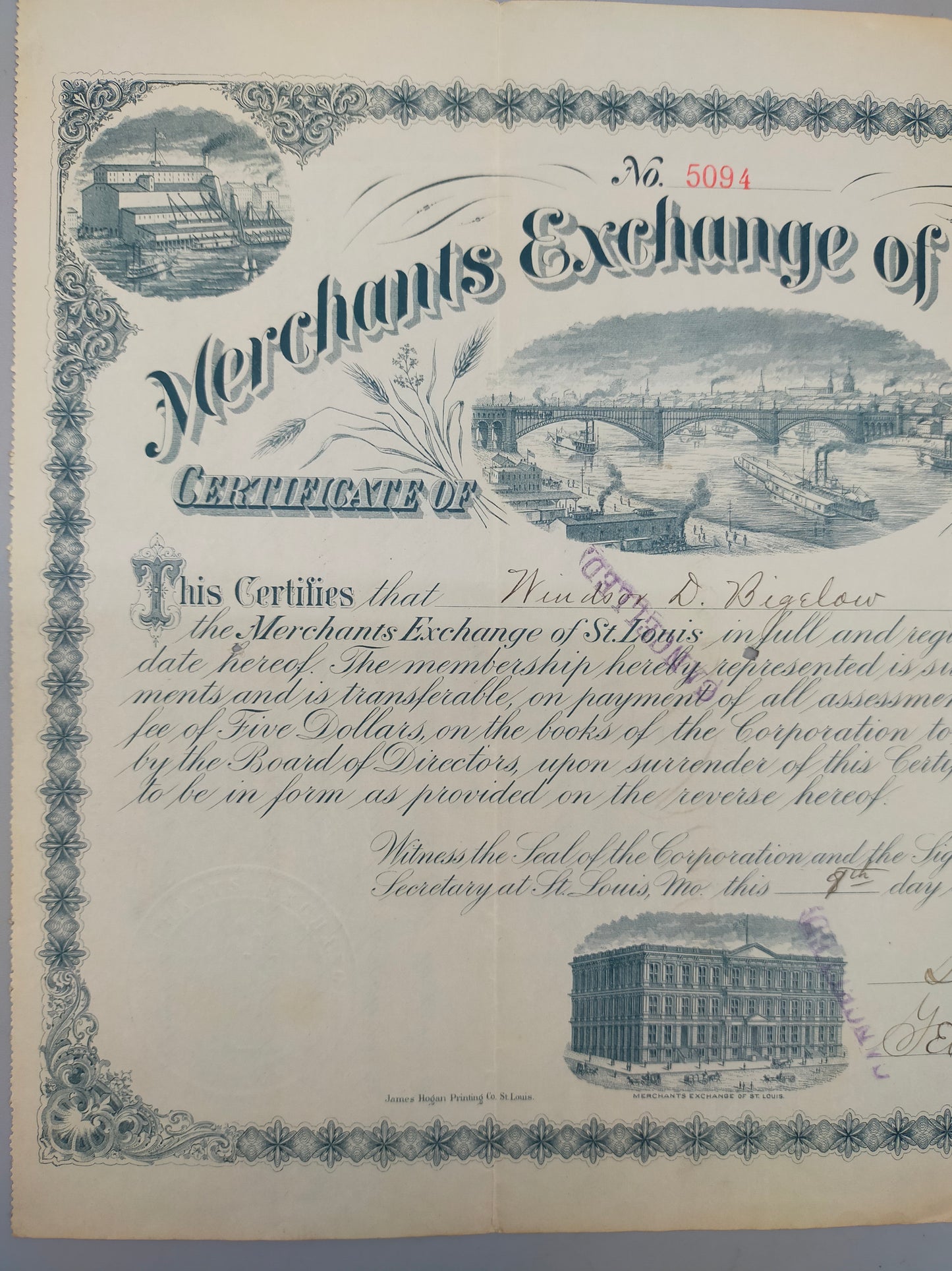 Historische Merchants Exchange of St. Louis Mitgliedsurkunde von 1886