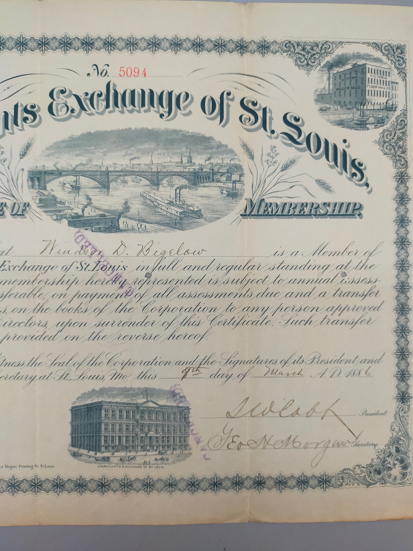 Historische Merchants Exchange of St. Louis Mitgliedsurkunde von 1886