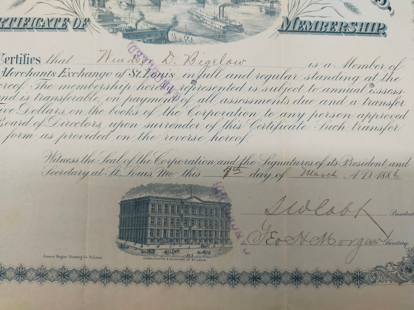Historische Merchants Exchange of St. Louis Mitgliedsurkunde von 1886