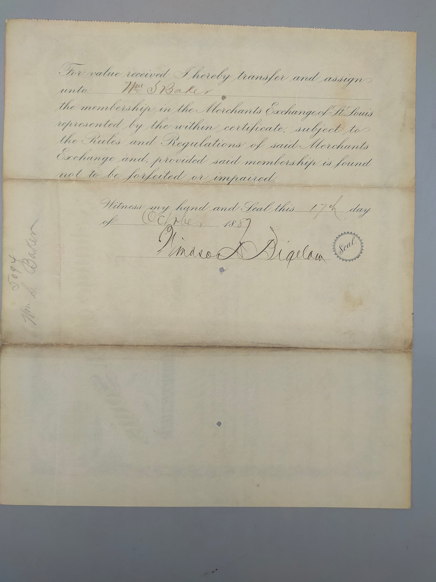 Historische Merchants Exchange of St. Louis Mitgliedsurkunde von 1886