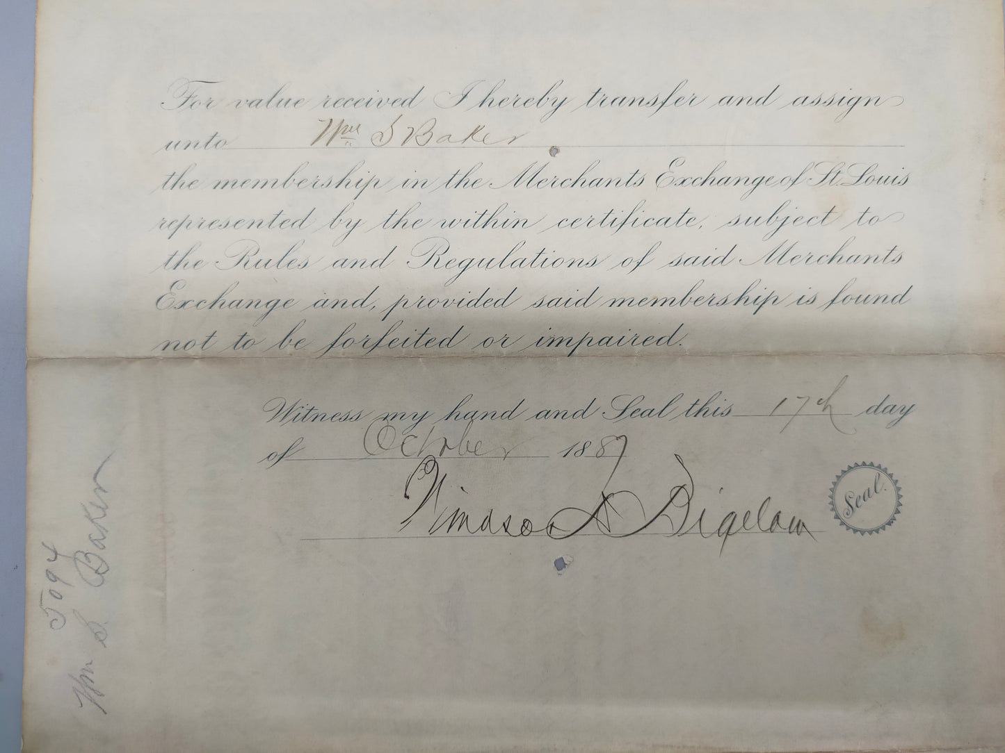 Historische Merchants Exchange of St. Louis Mitgliedsurkunde von 1886