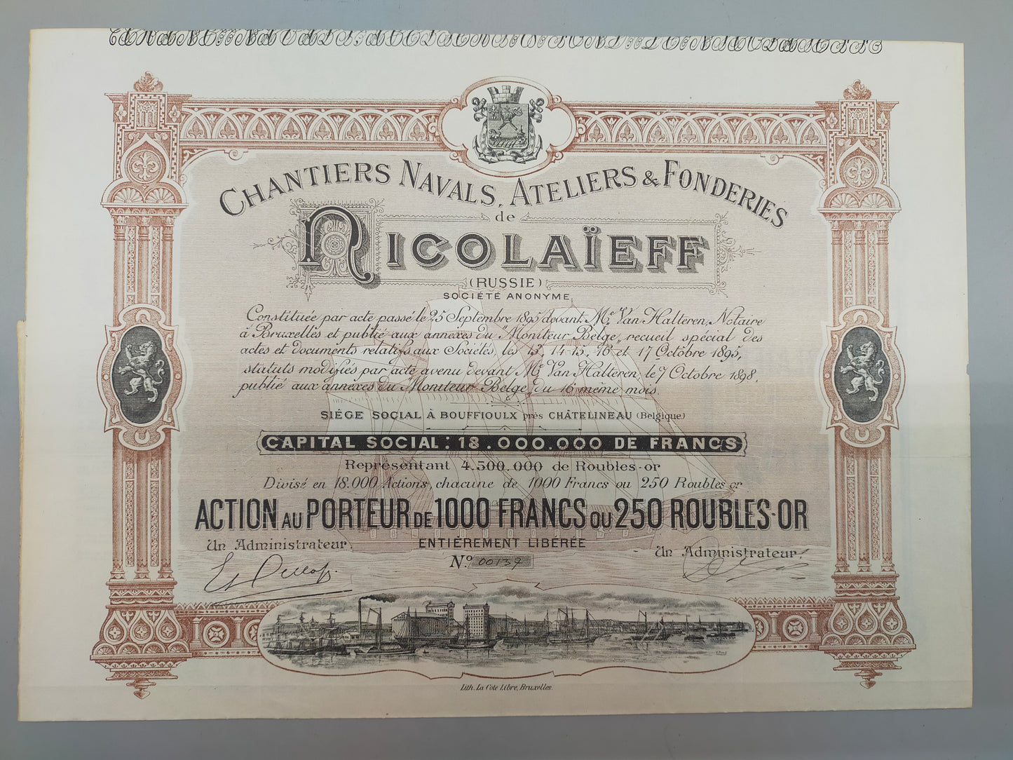 Historische Nicolaieff Aktienurkunde Chantiers Navals & Fonderies 1895