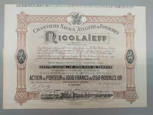 Historische Nicolaieff Aktienurkunde Chantiers Navals & Fonderies 1895