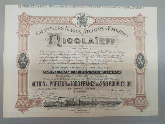 Historische Nicolaieff Aktienurkunde Chantiers Navals & Fonderies 1895