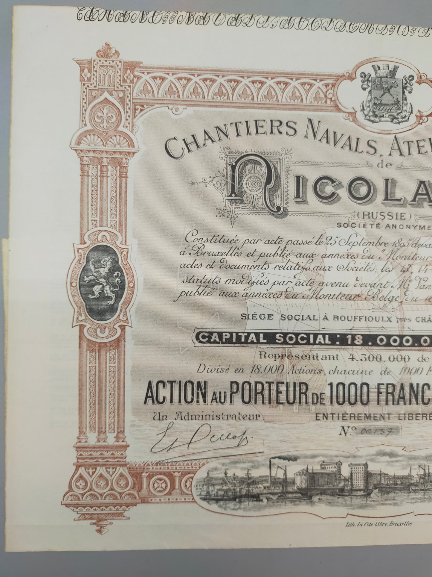 Historische Nicolaieff Aktienurkunde Chantiers Navals & Fonderies 1895
