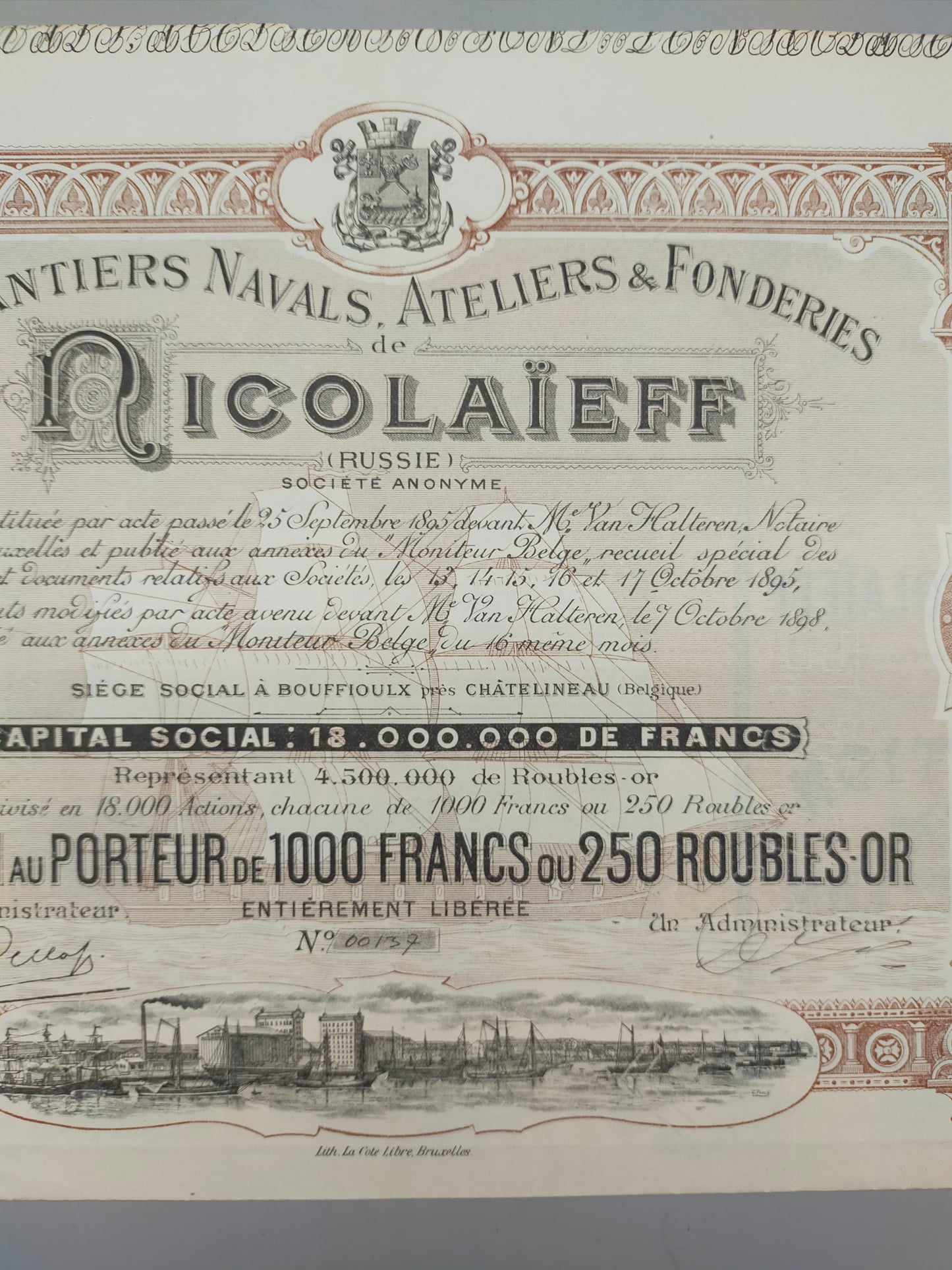 Historische Nicolaieff Aktienurkunde Chantiers Navals & Fonderies 1895