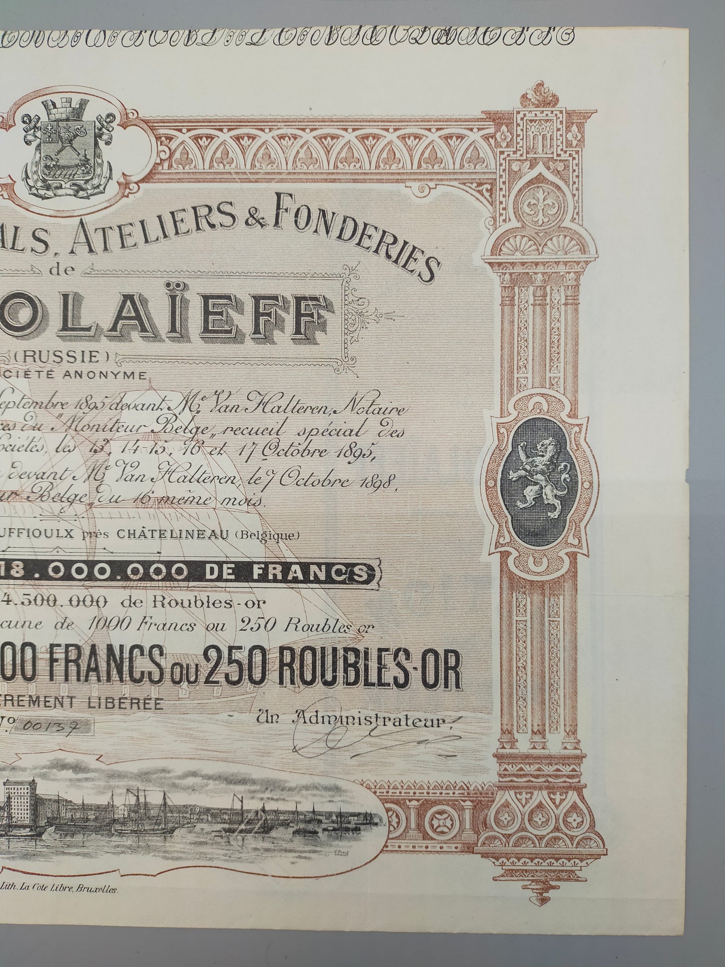 Historische Nicolaieff Aktienurkunde Chantiers Navals & Fonderies 1895