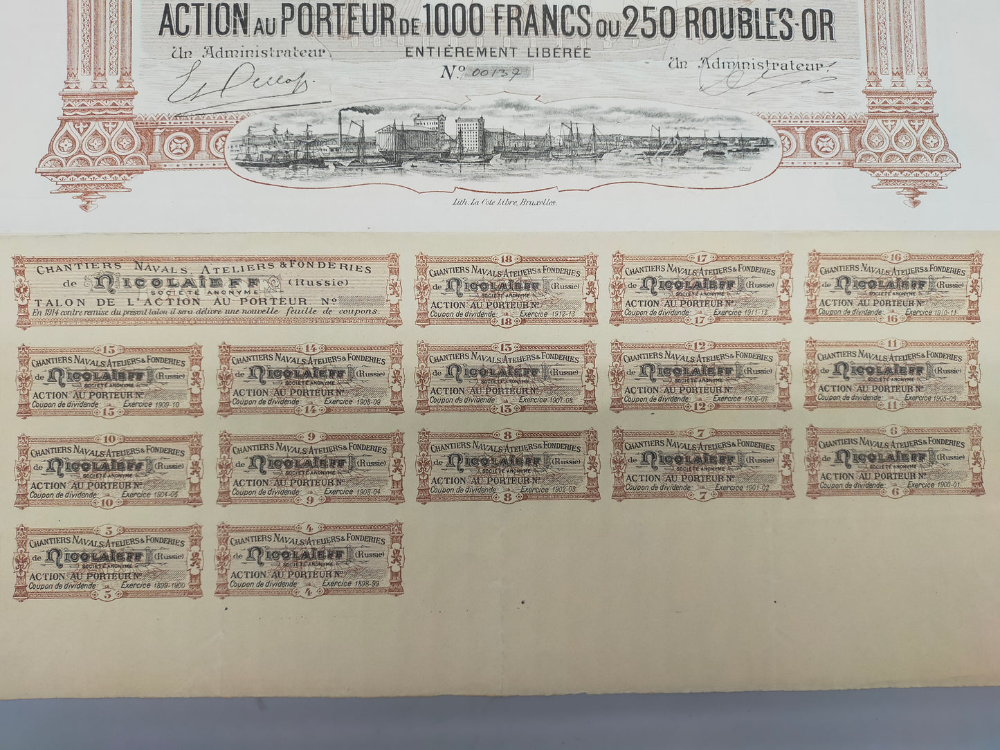 Historische Nicolaieff Aktienurkunde Chantiers Navals & Fonderies 1895