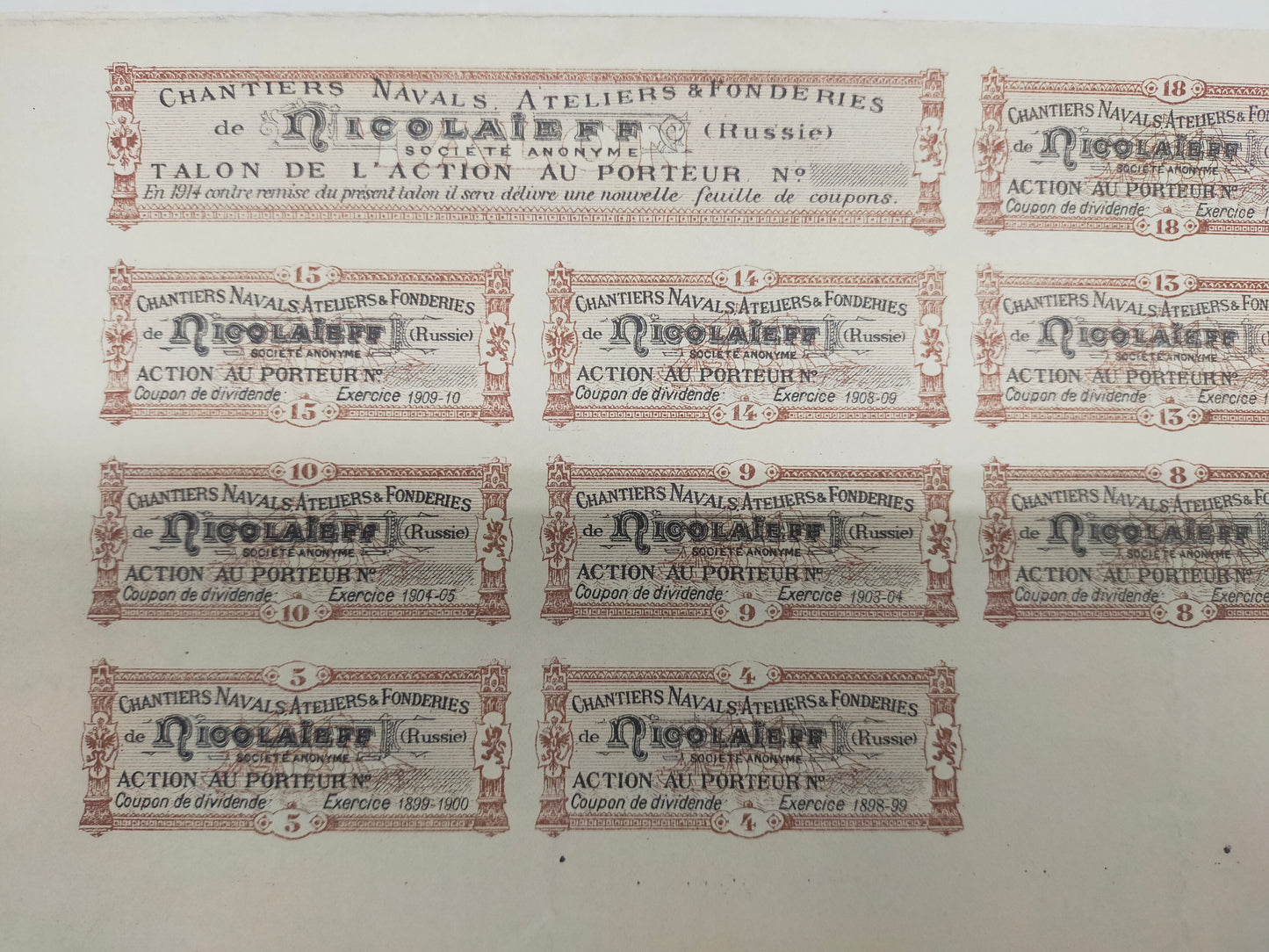 Historische Nicolaieff Aktienurkunde Chantiers Navals & Fonderies 1895