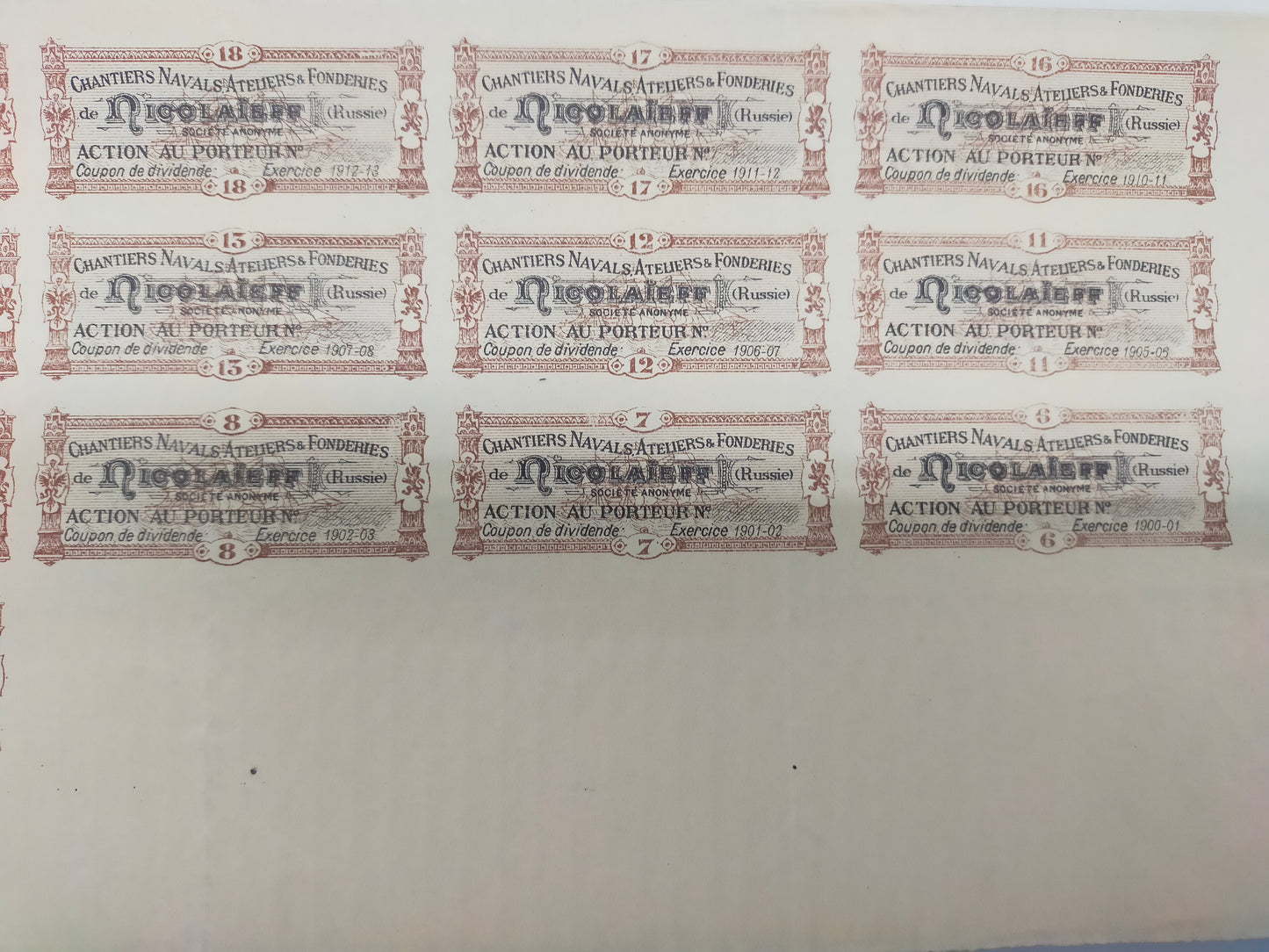 Historische Nicolaieff Aktienurkunde Chantiers Navals & Fonderies 1895