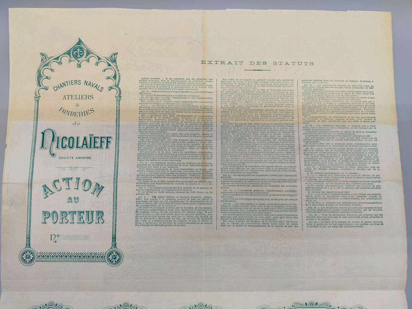 Historische Nicolaieff Aktienurkunde Chantiers Navals & Fonderies 1895