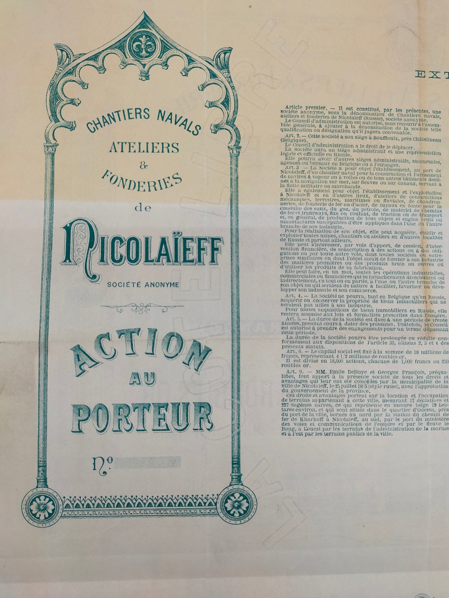 Historische Nicolaieff Aktienurkunde Chantiers Navals & Fonderies 1895