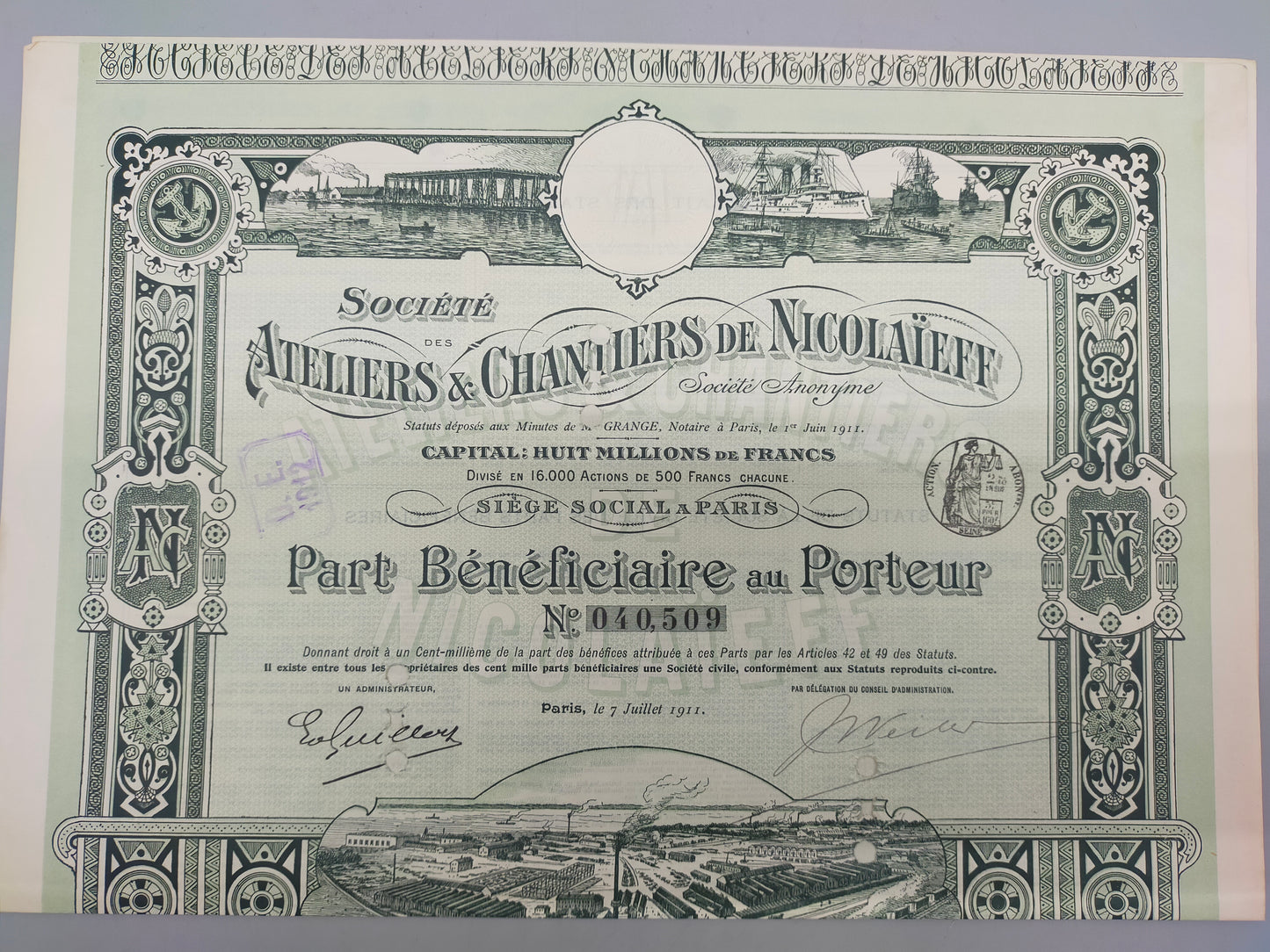 Historische Aktie der Ateliers & Chantiers de Nicolaïeff Paris 1911