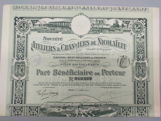 Historische Aktie der Ateliers & Chantiers de Nicolaïeff Paris 1911