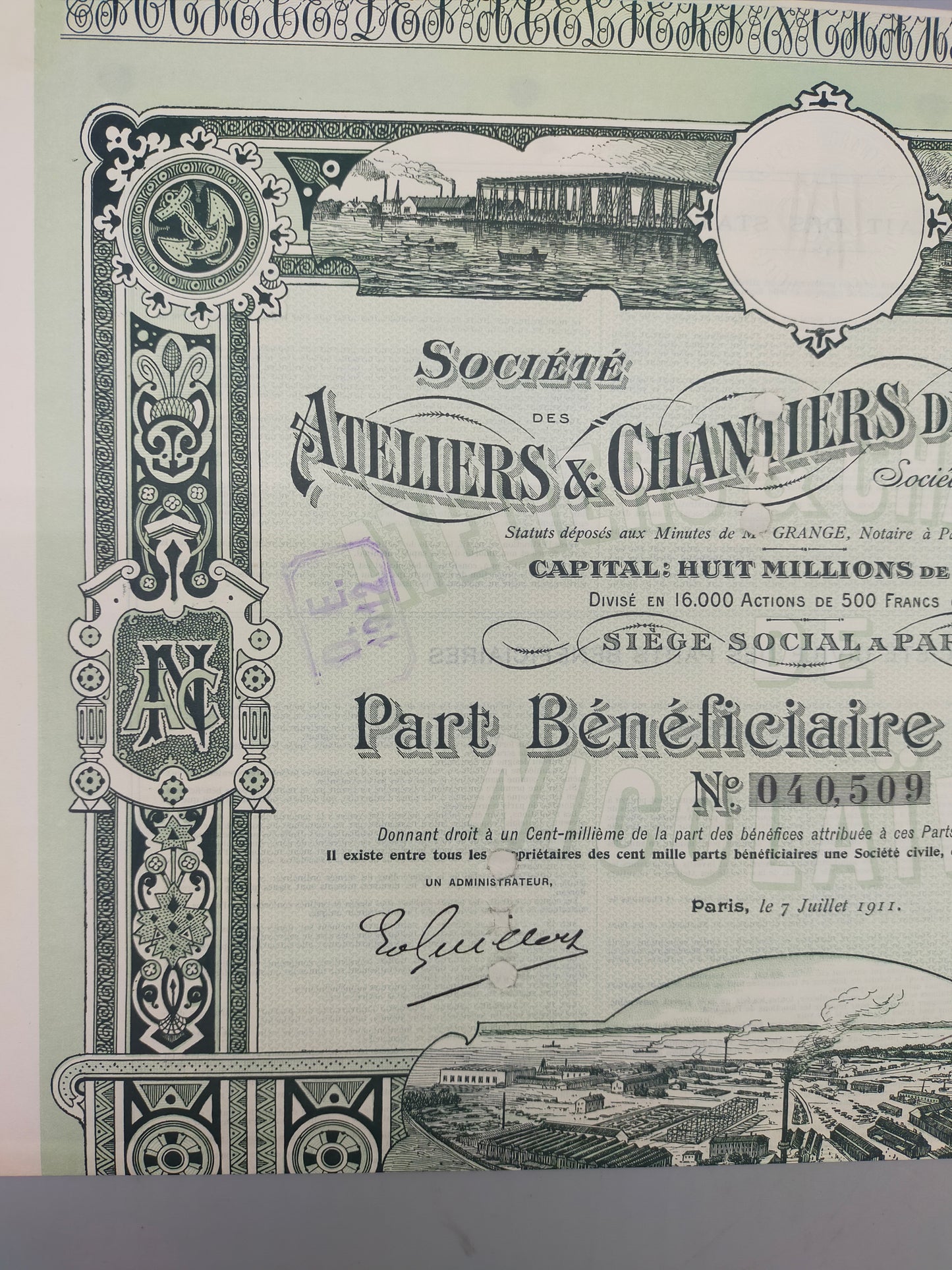 Historische Aktie der Ateliers & Chantiers de Nicolaïeff Paris 1911