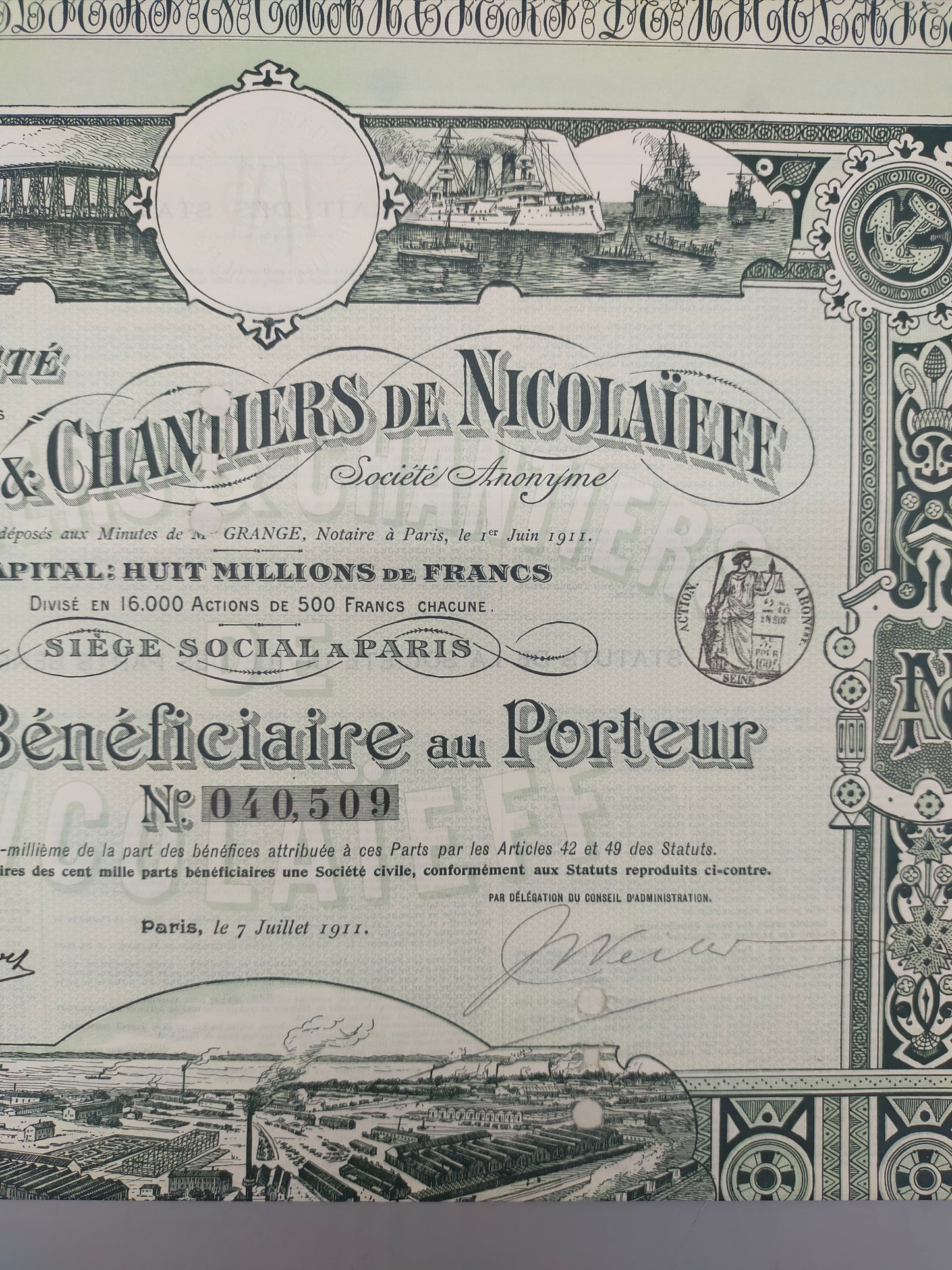 Historische Aktie der Ateliers & Chantiers de Nicolaïeff Paris 1911