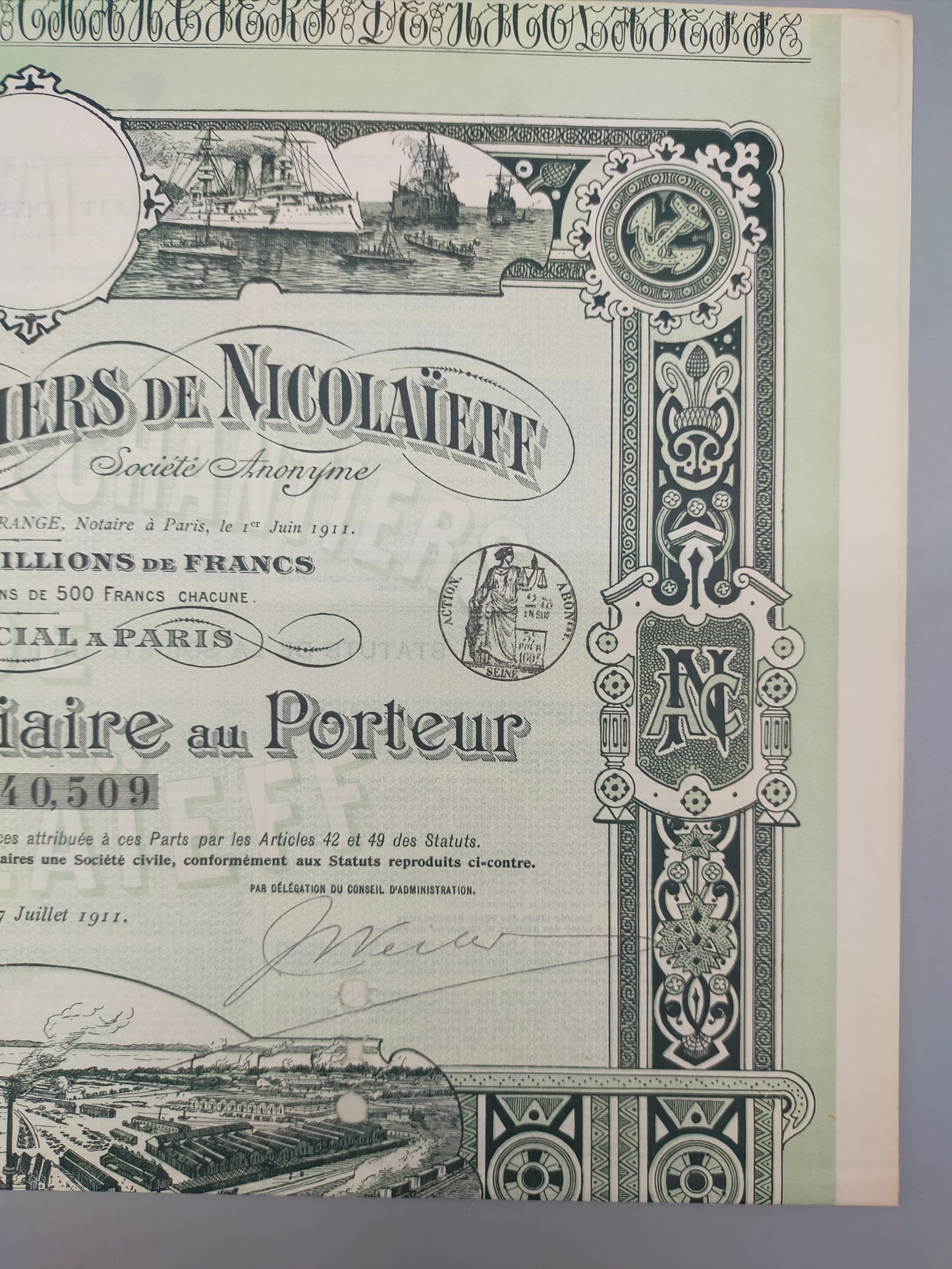 Historische Aktie der Ateliers & Chantiers de Nicolaïeff Paris 1911