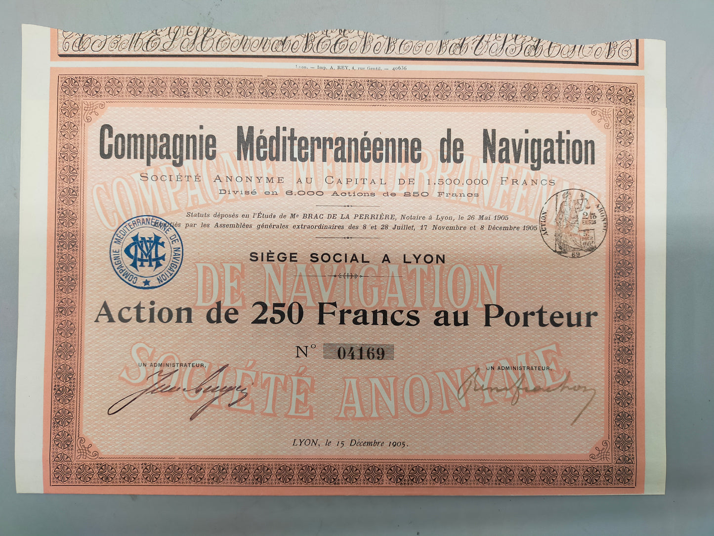 Historische Aktie Compagnie Méditerranéenne de Navigation 1905 Lyon