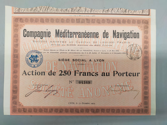 Historische Aktie Compagnie Méditerranéenne de Navigation 1905 Lyon