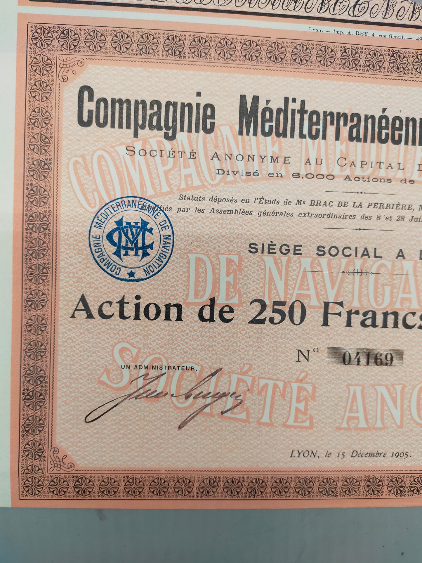 Historische Aktie Compagnie Méditerranéenne de Navigation 1905 Lyon