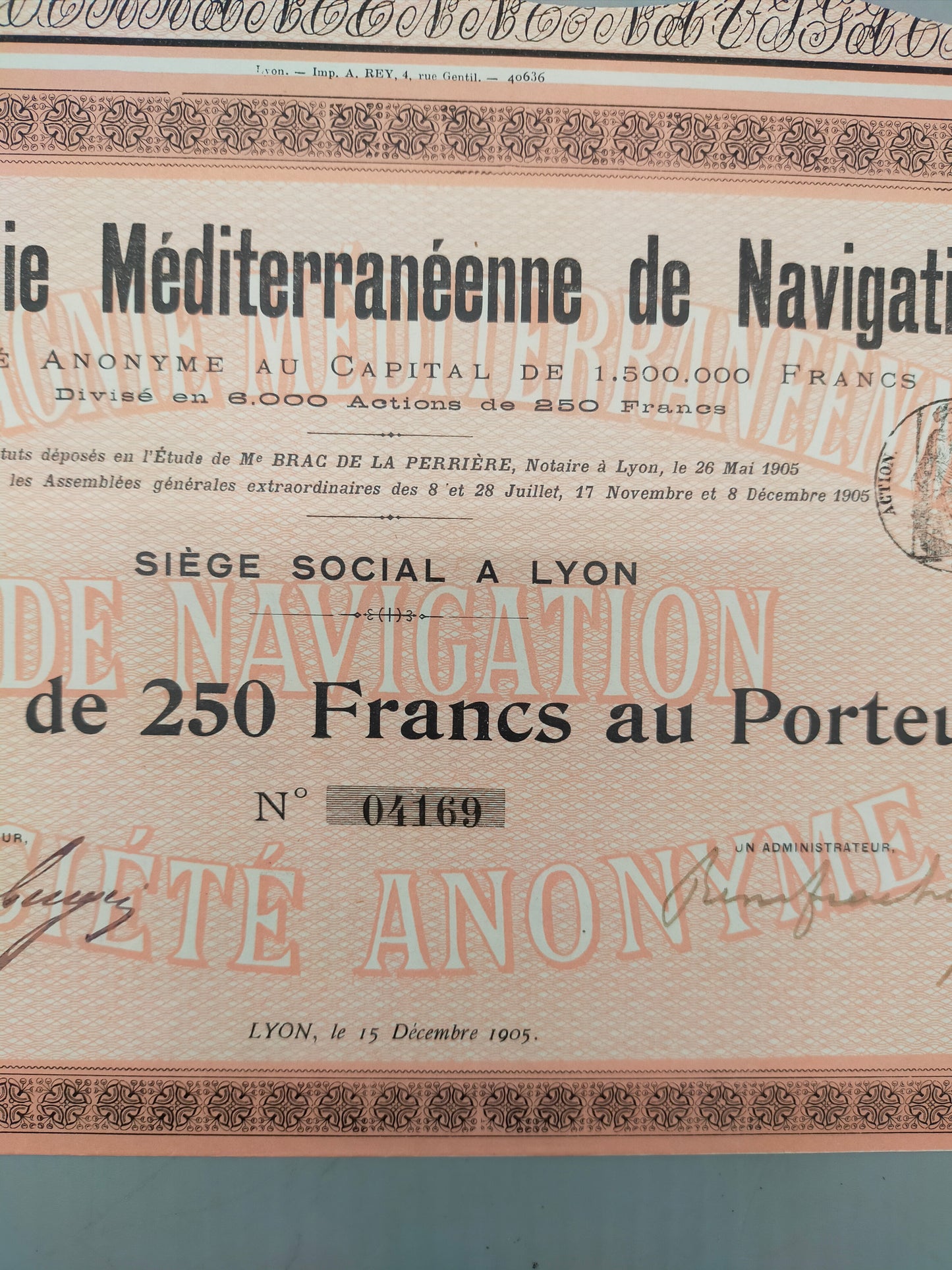 Historische Aktie Compagnie Méditerranéenne de Navigation 1905 Lyon