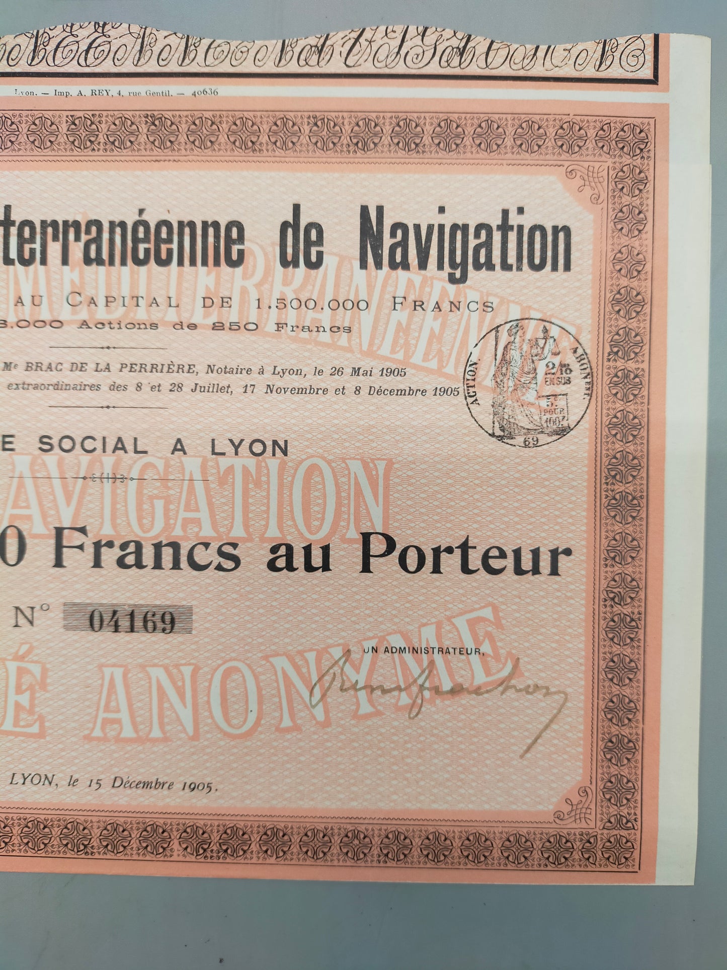 Historische Aktie Compagnie Méditerranéenne de Navigation 1905 Lyon