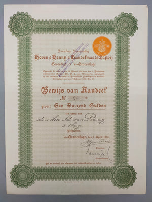 Antike Aktie Hoven & Hennys Handelmaatschappij 1000 Gulden 1916