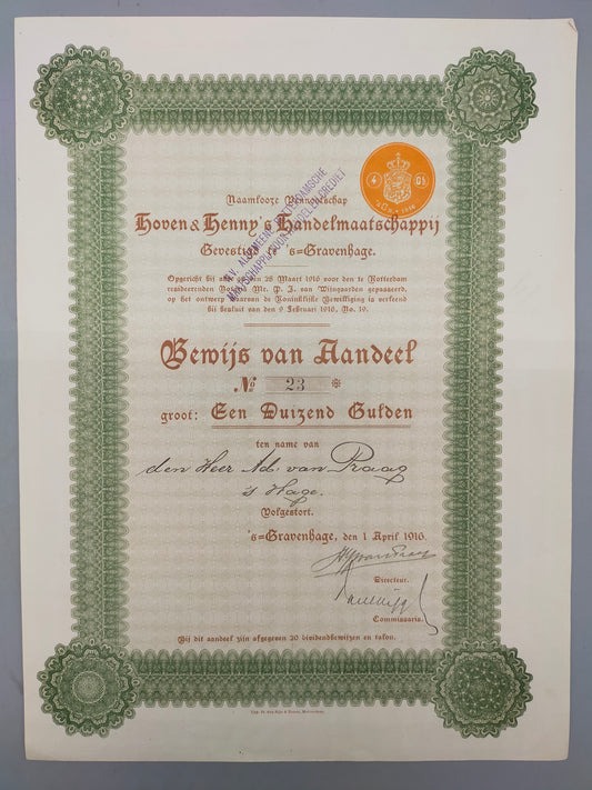 Antike Aktie Hoven & Hennys Handelmaatschappij 1000 Gulden 1916