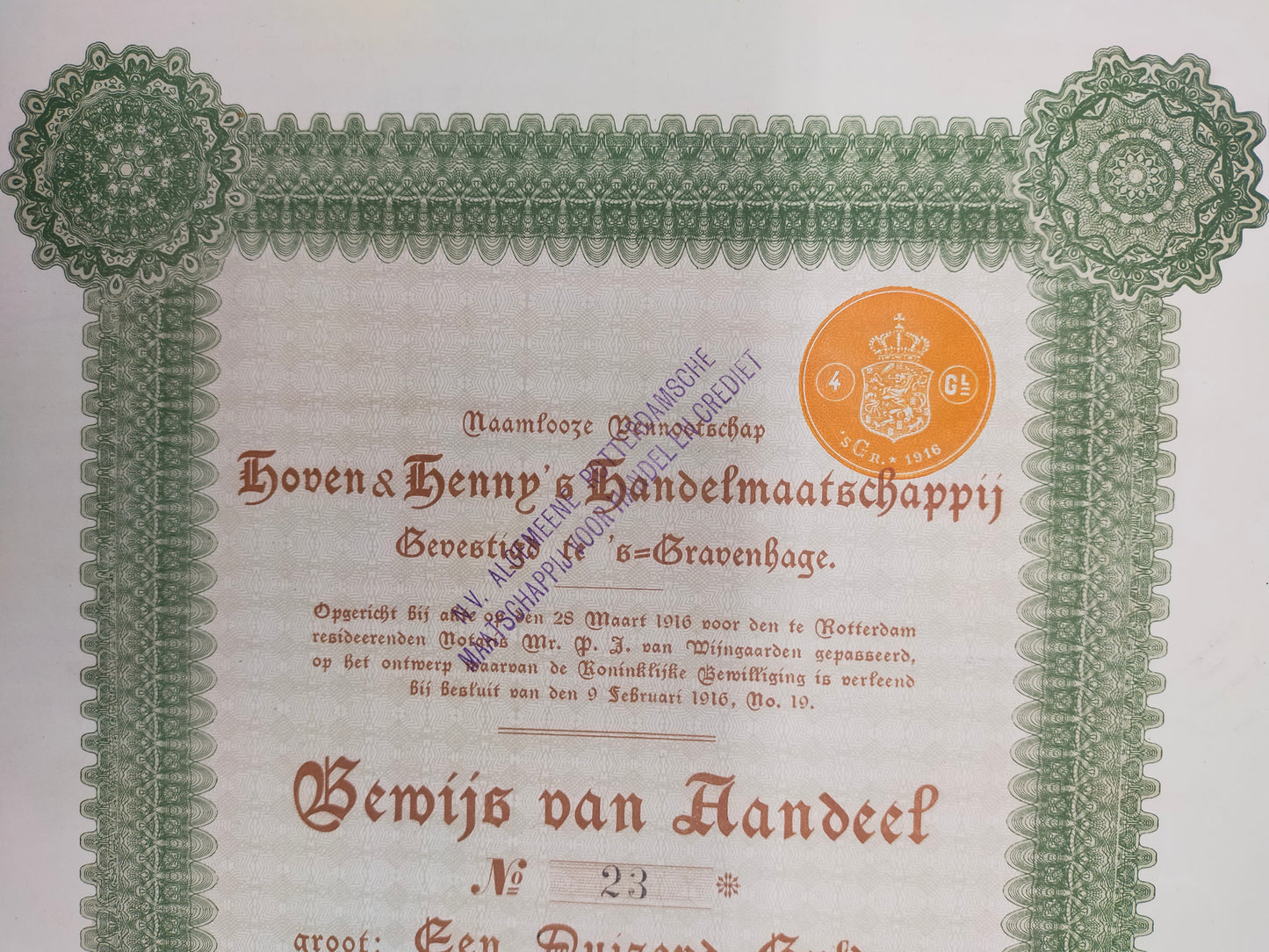 Antike Aktie Hoven & Hennys Handelmaatschappij 1000 Gulden 1916