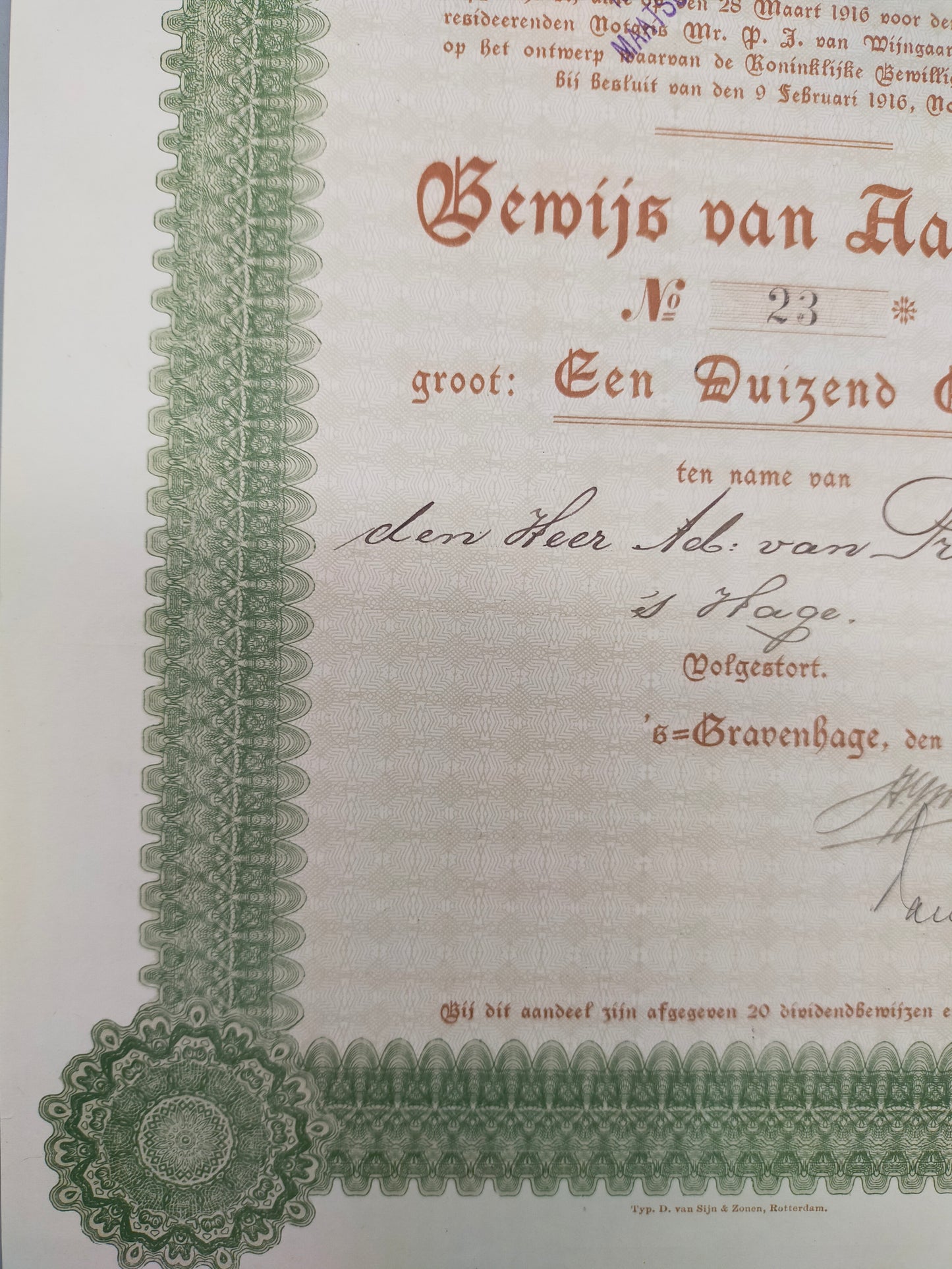 Antike Aktie Hoven & Hennys Handelmaatschappij 1000 Gulden 1916