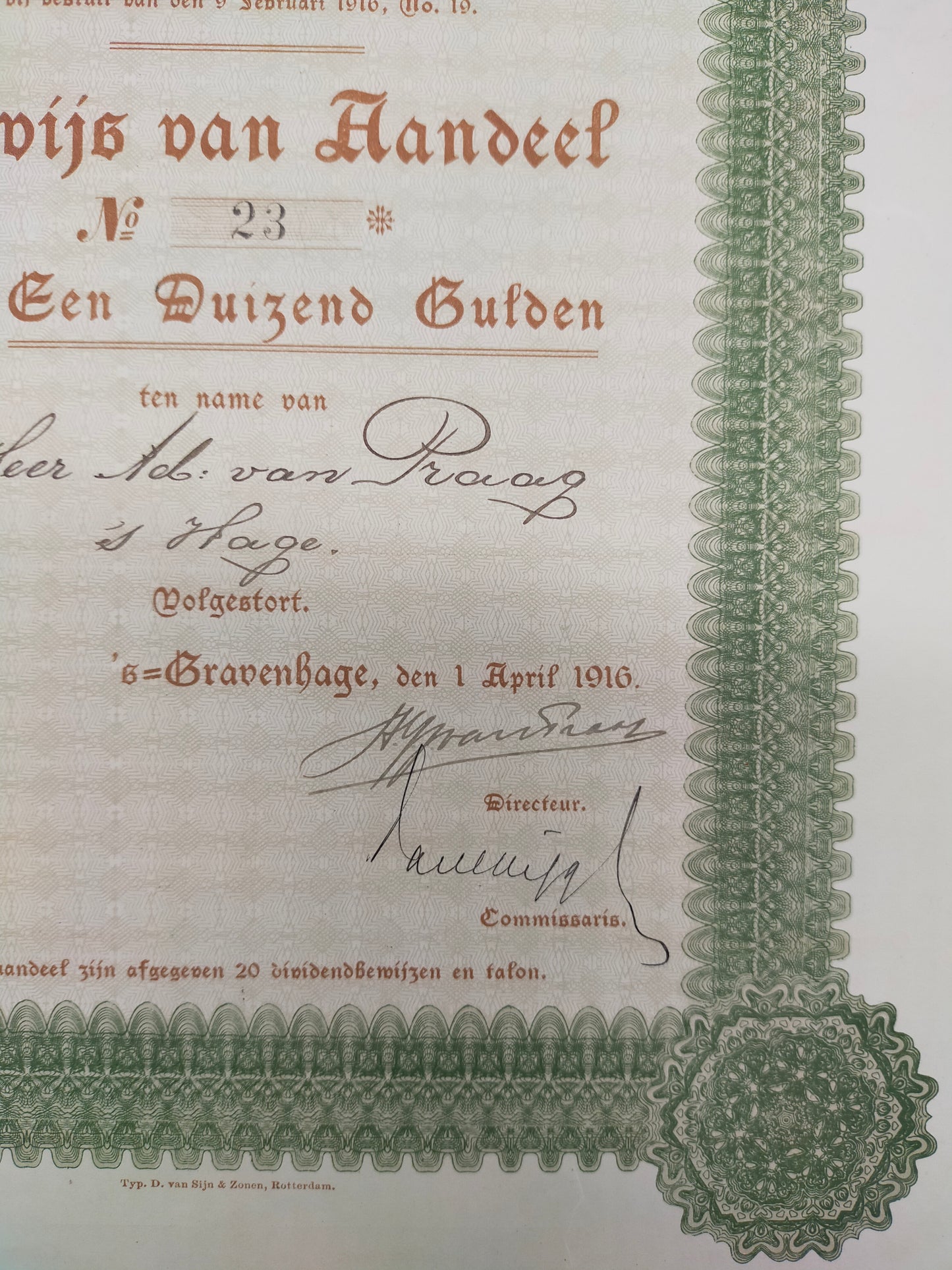 Antike Aktie Hoven & Hennys Handelmaatschappij 1000 Gulden 1916