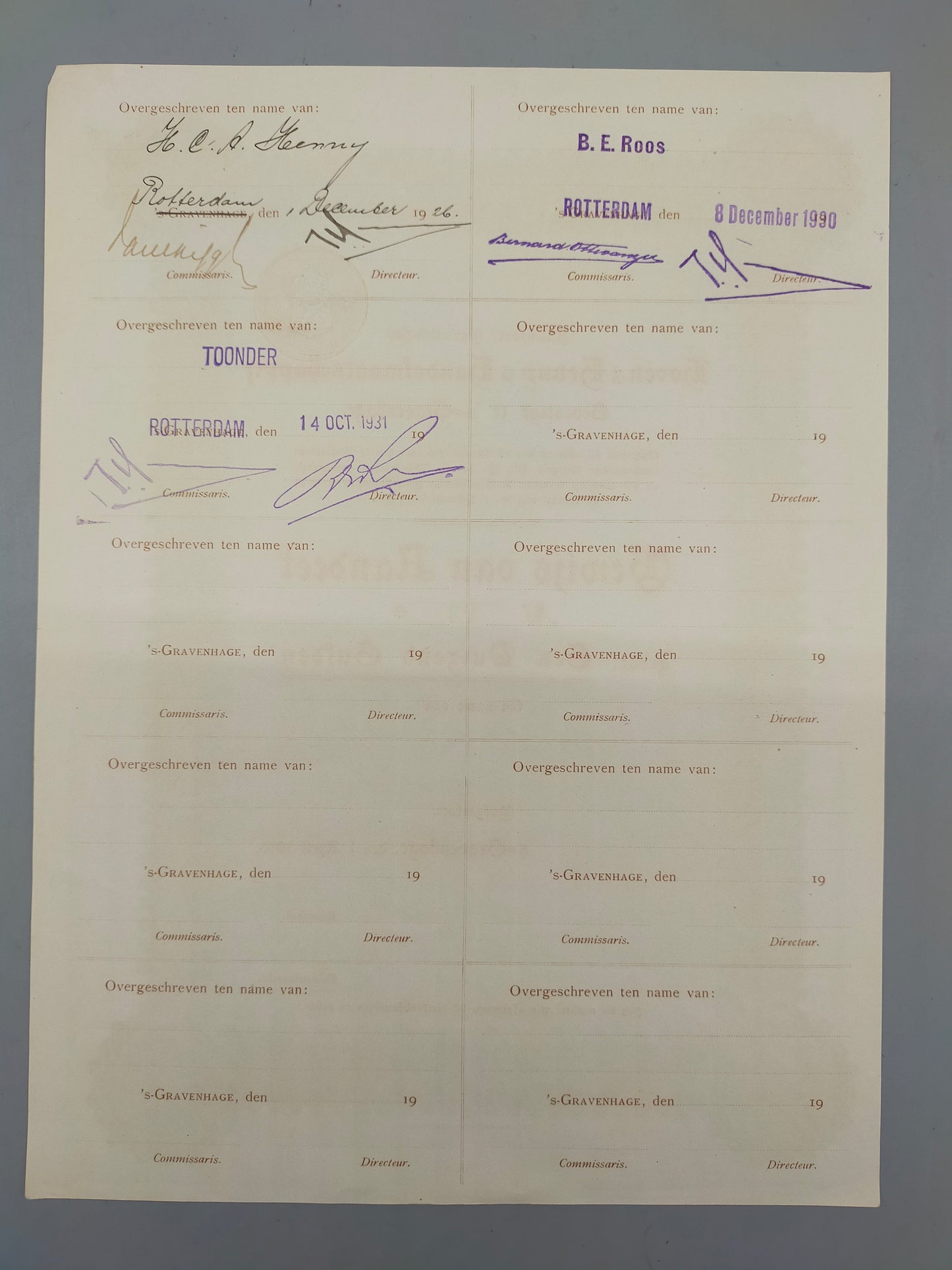 Antike Aktie Hoven & Hennys Handelmaatschappij 1000 Gulden 1916