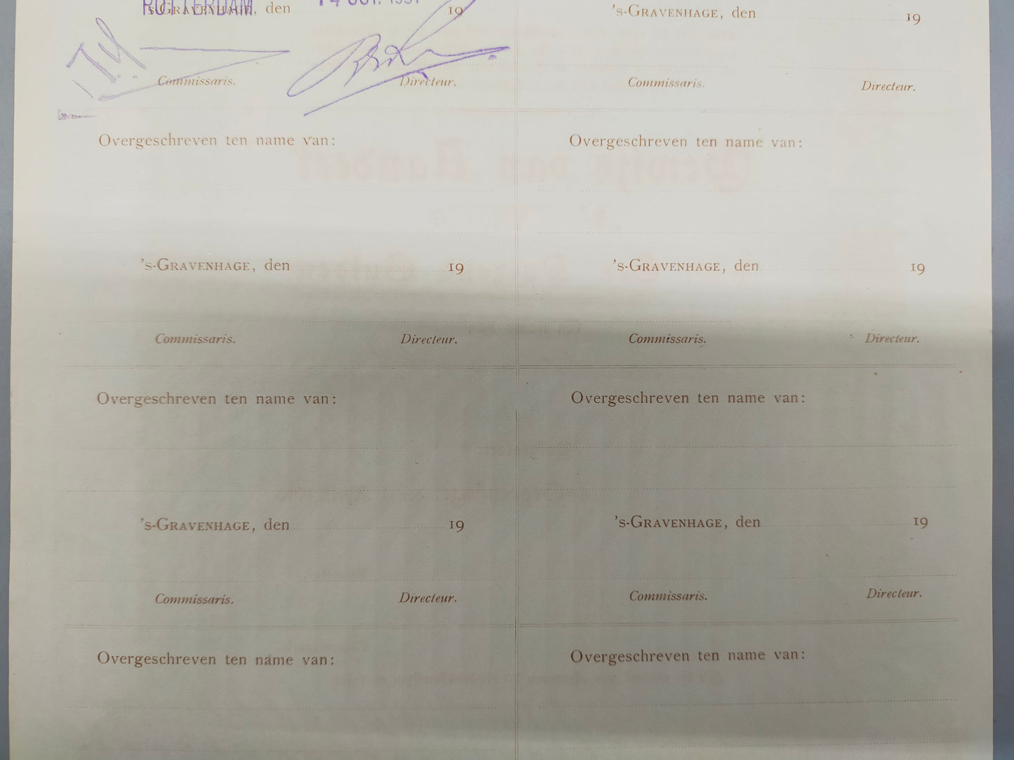 Antike Aktie Hoven & Hennys Handelmaatschappij 1000 Gulden 1916