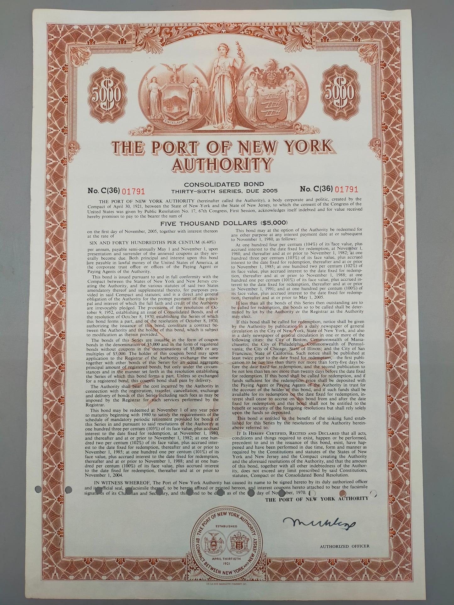 Historische Anleihe der Port of New York Authority 5000$ von 1970