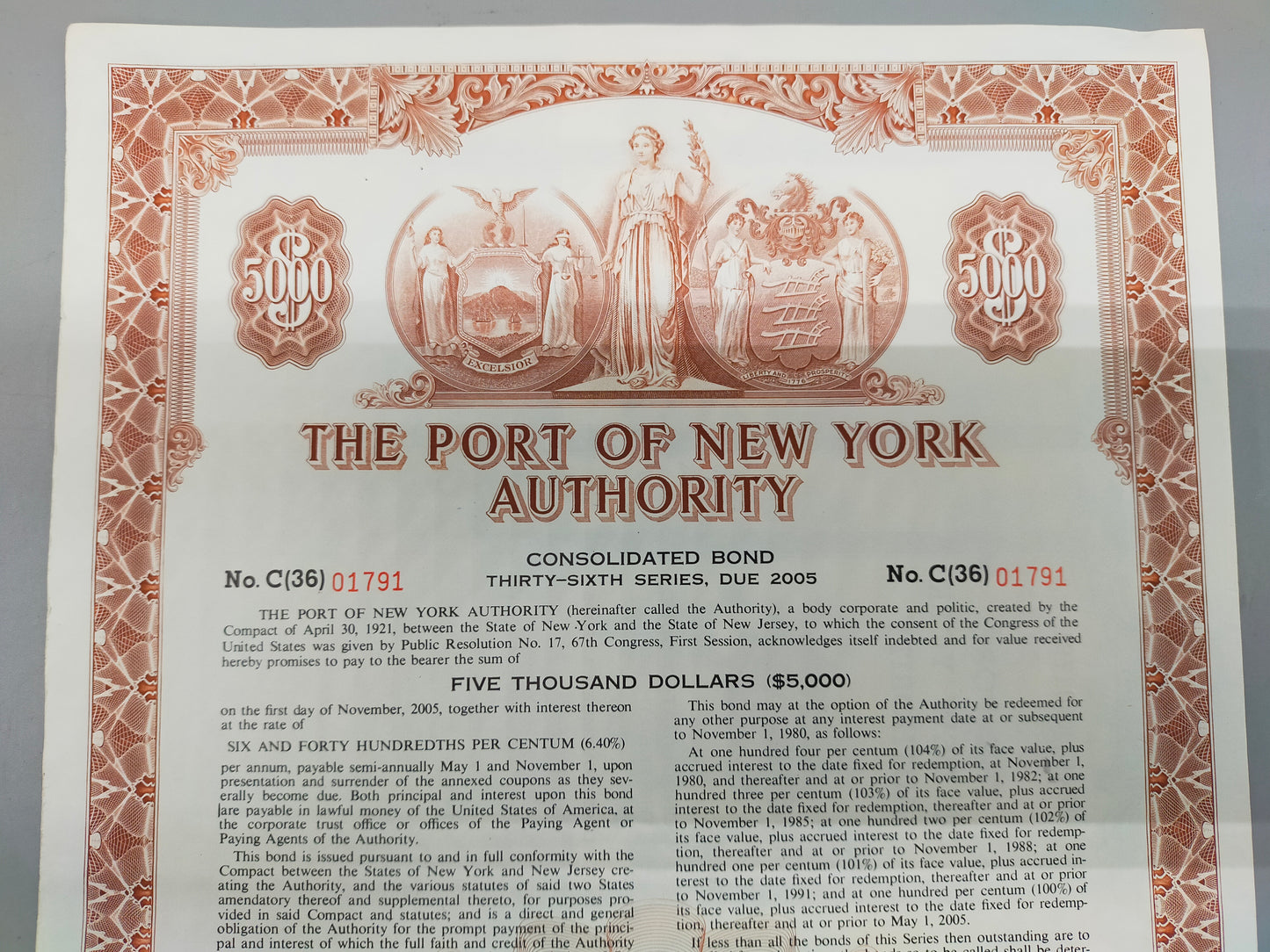 Historische Anleihe der Port of New York Authority 5000$ von 1970