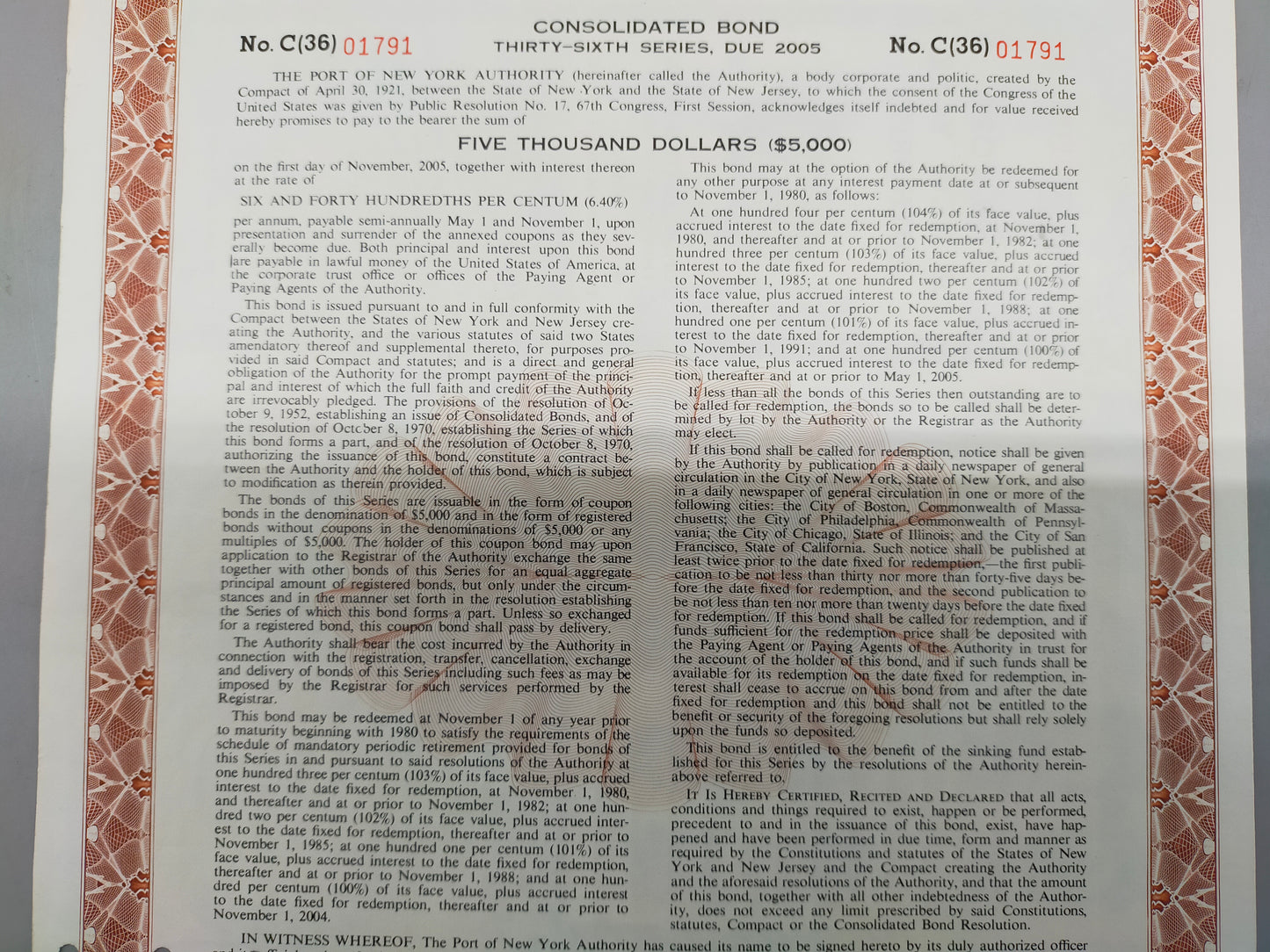 Historische Anleihe der Port of New York Authority 5000$ von 1970