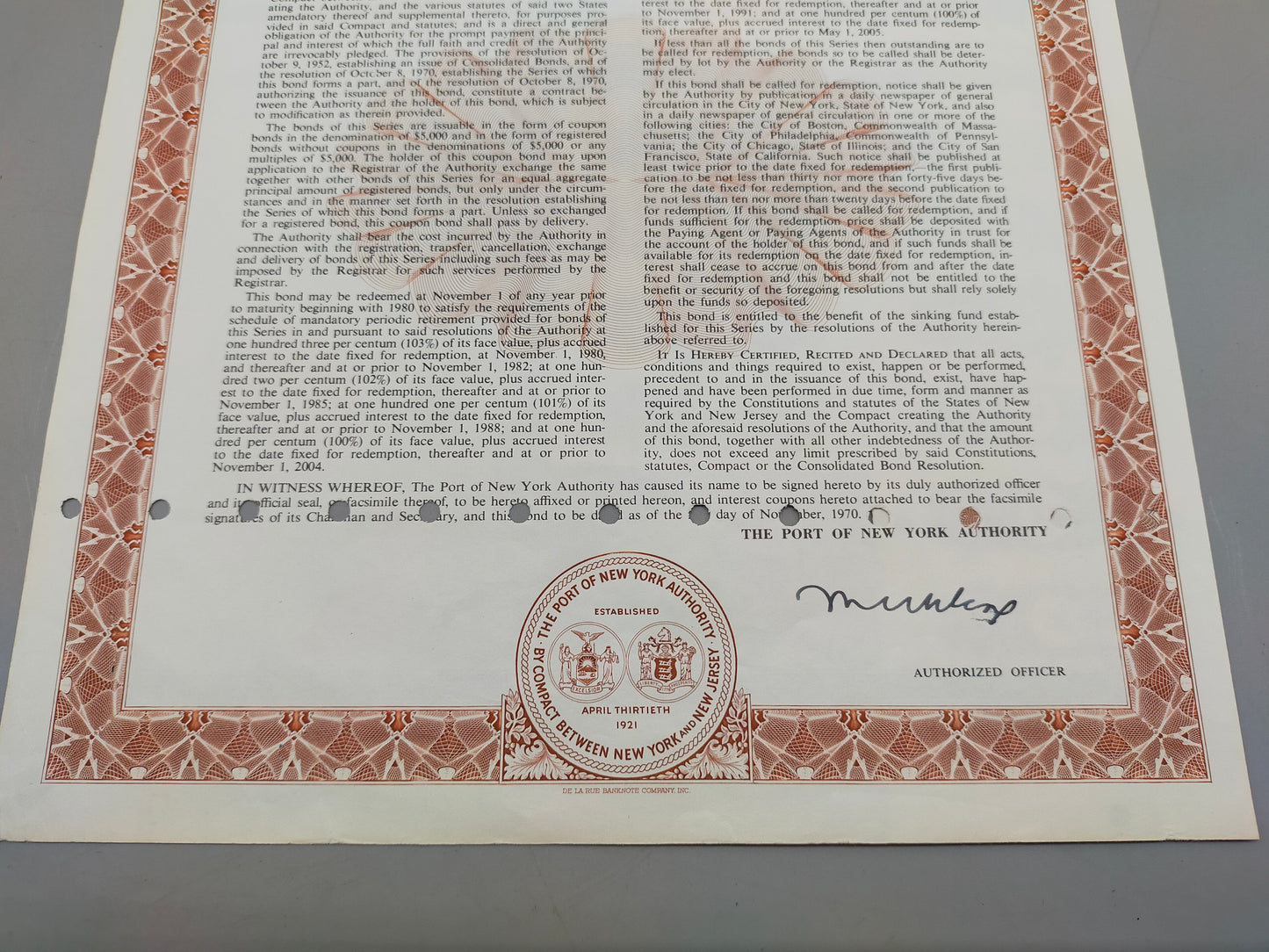 Historische Anleihe der Port of New York Authority 5000$ von 1970