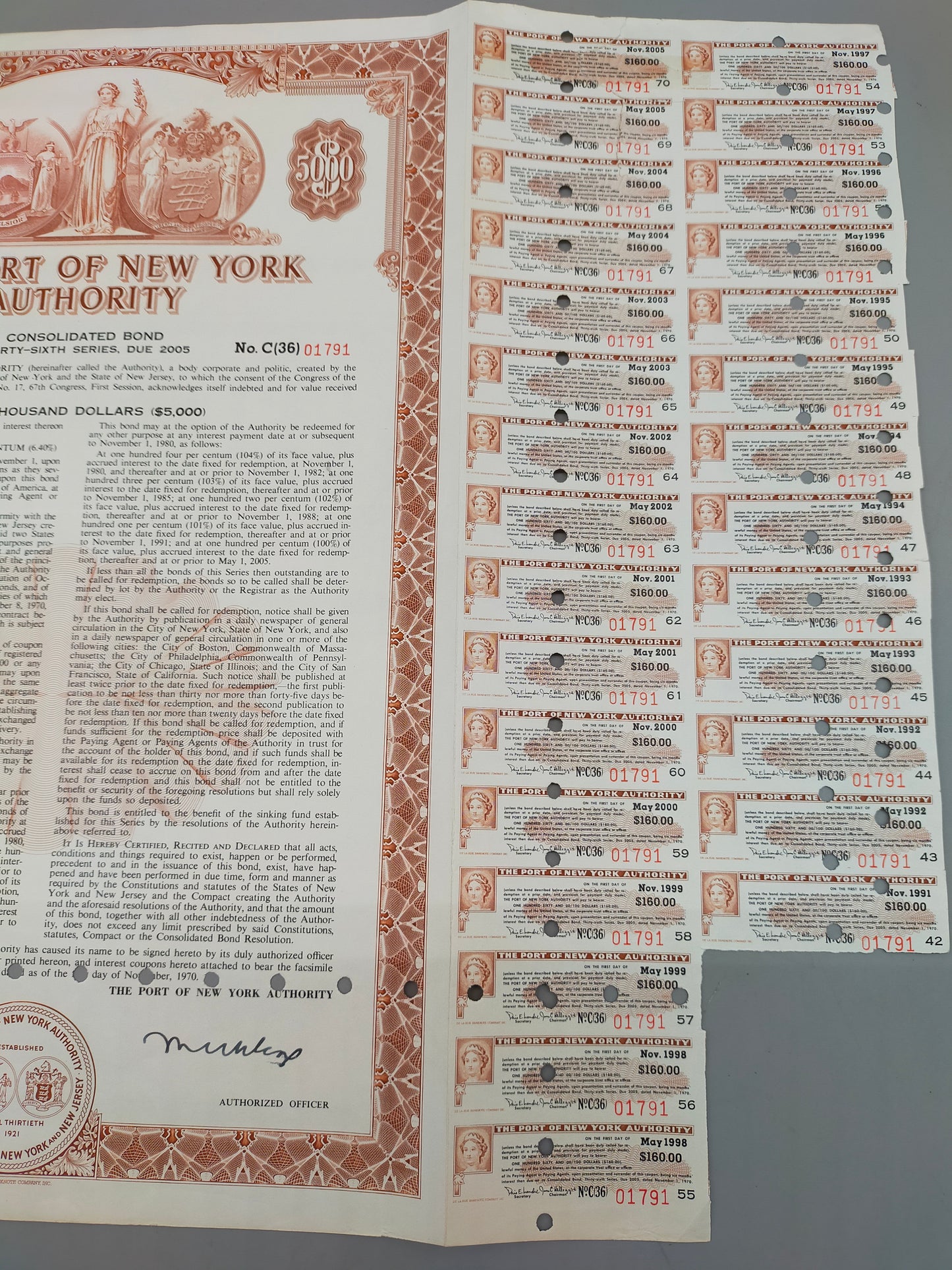 Historische Anleihe der Port of New York Authority 5000$ von 1970