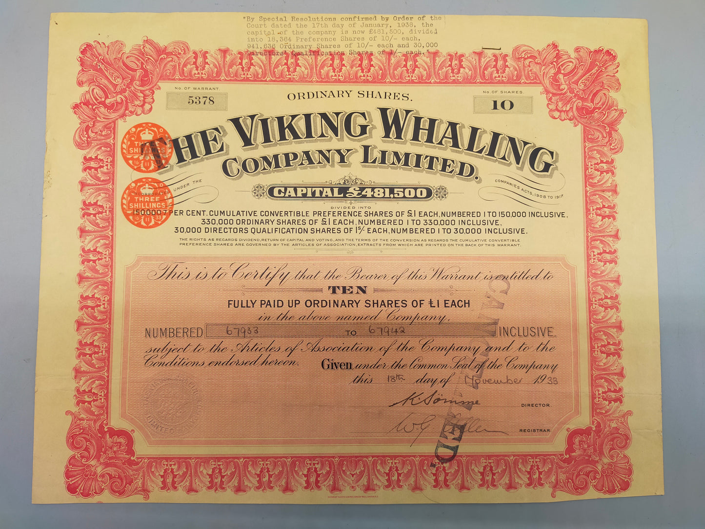 Historische Aktienanleihe: The Viking Whaling Company Limited (1933)