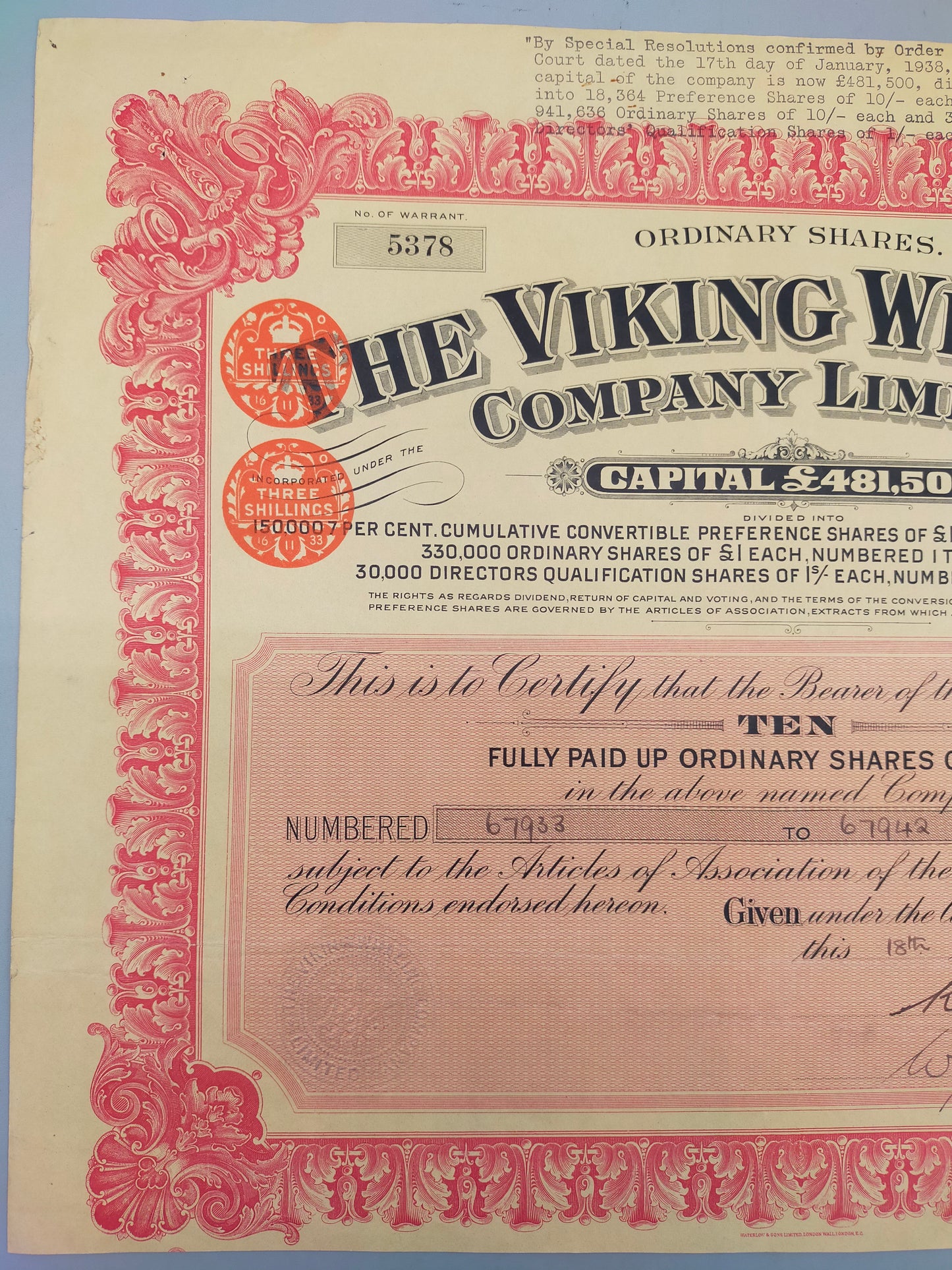 Historische Aktienanleihe: The Viking Whaling Company Limited (1933)