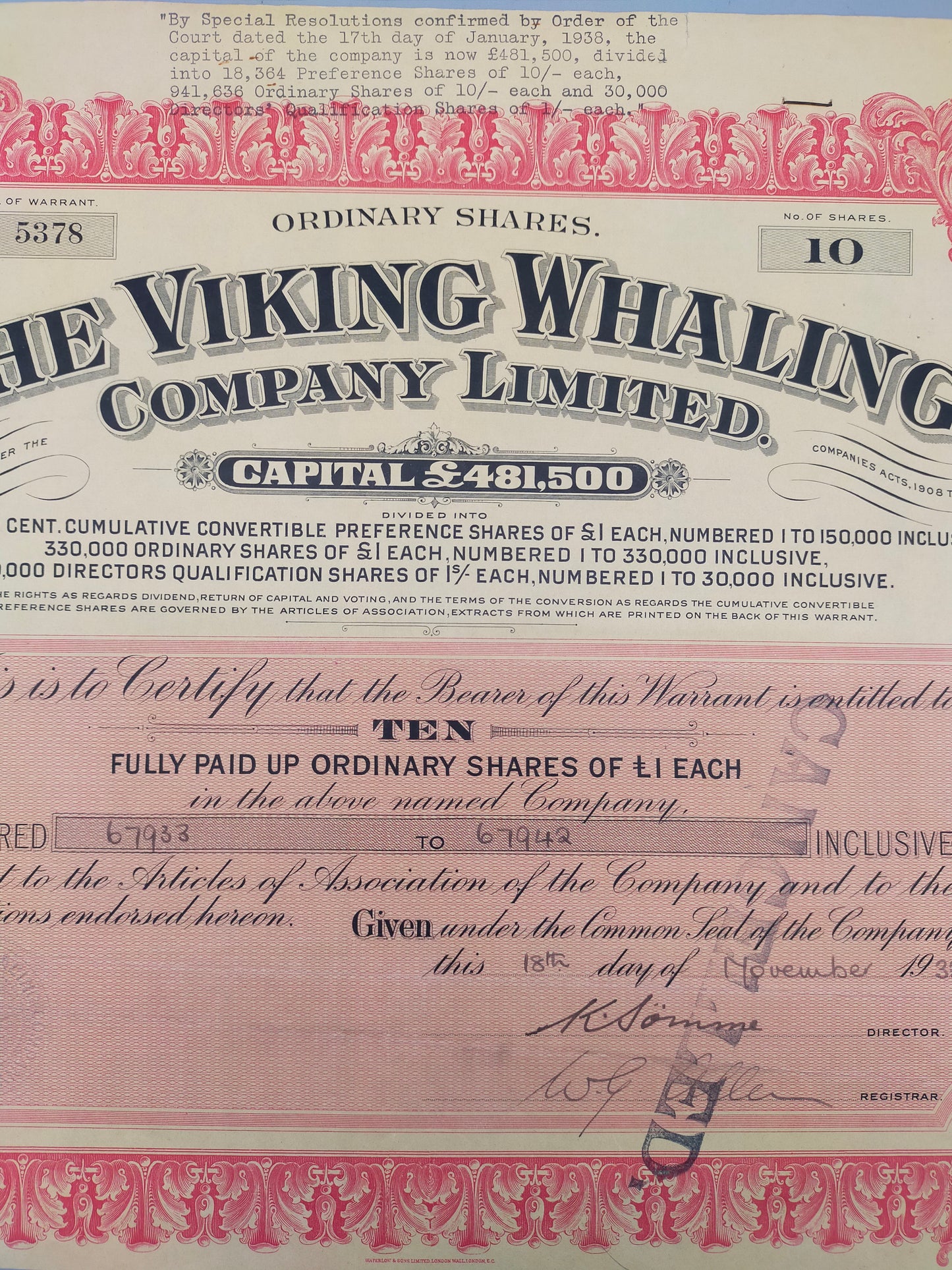Historische Aktienanleihe: The Viking Whaling Company Limited (1933)
