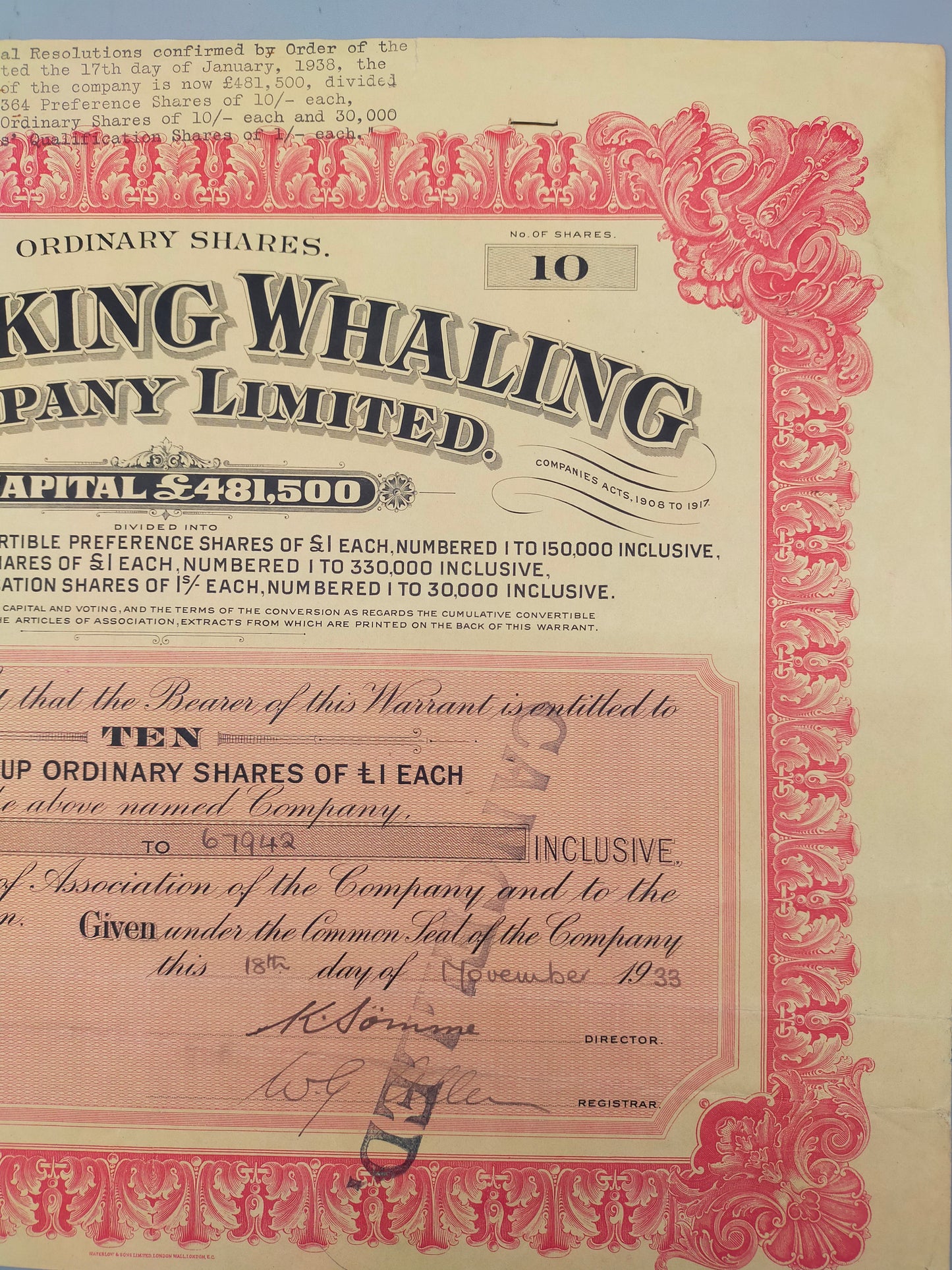 Historische Aktienanleihe: The Viking Whaling Company Limited (1933)