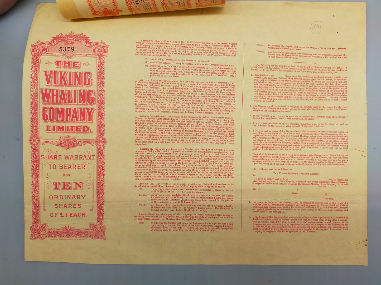 Historische Aktienanleihe: The Viking Whaling Company Limited (1933)