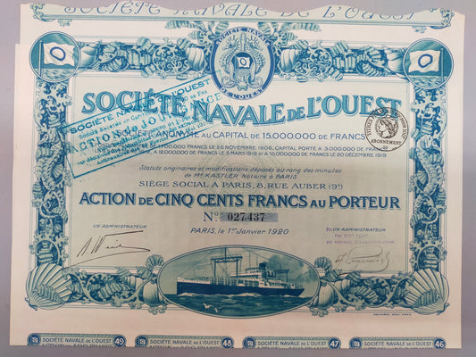 Historische Société Navale de l’Ouest Aktie  Paris 1920