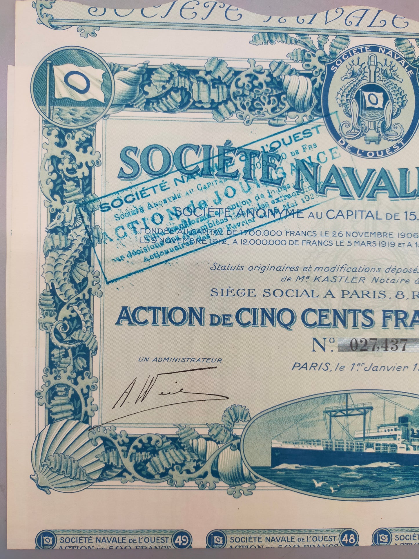 Historische Société Navale de l’Ouest Aktie  Paris 1920