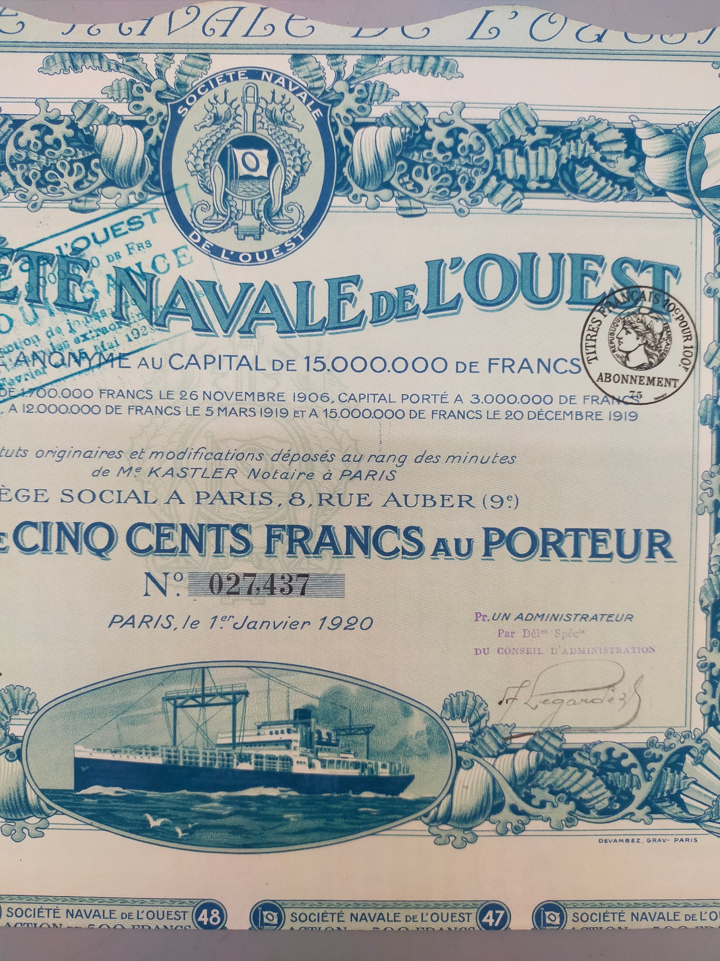 Historische Société Navale de l’Ouest Aktie  Paris 1920